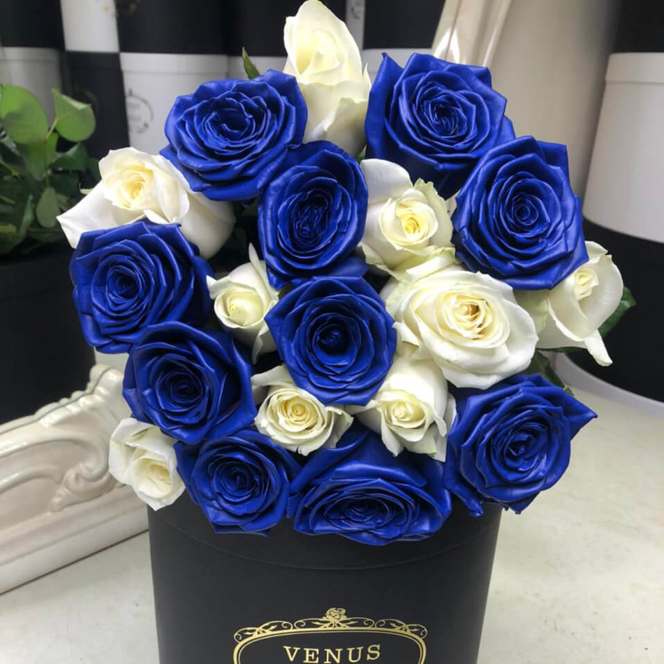 15 бело-синих роз в букете