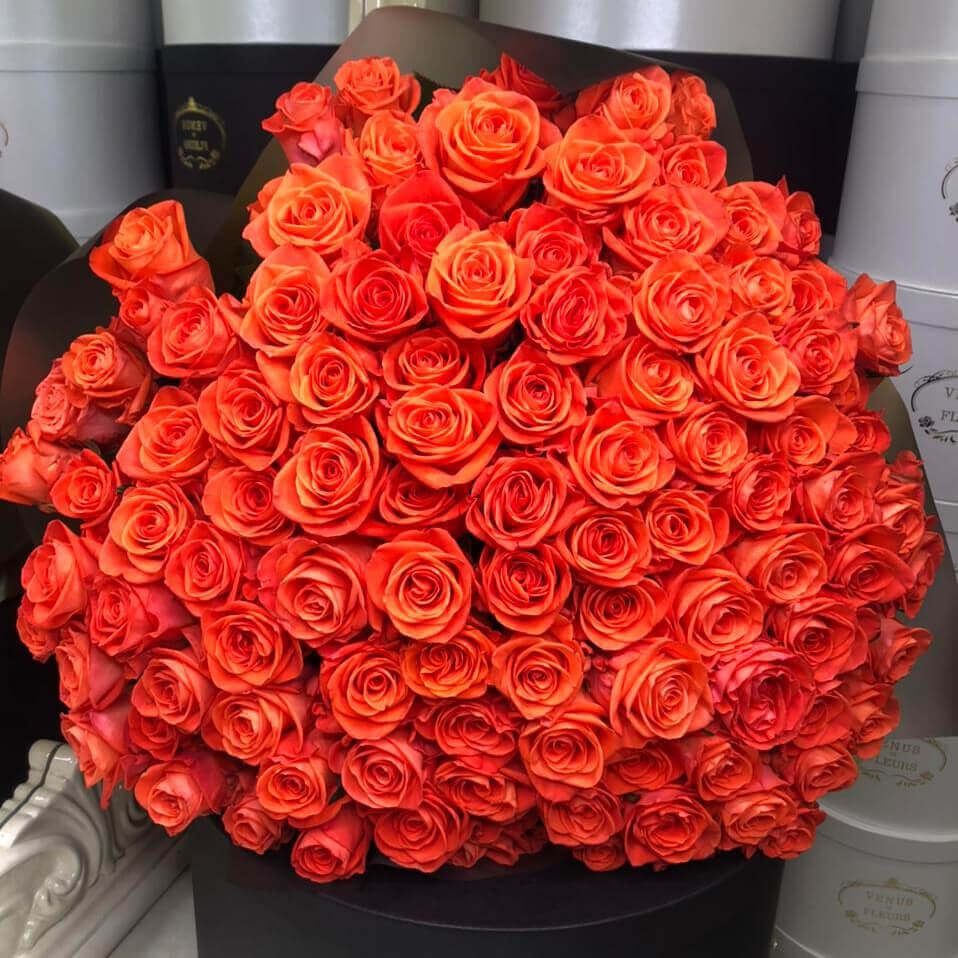 101 коралловая роза в букете
