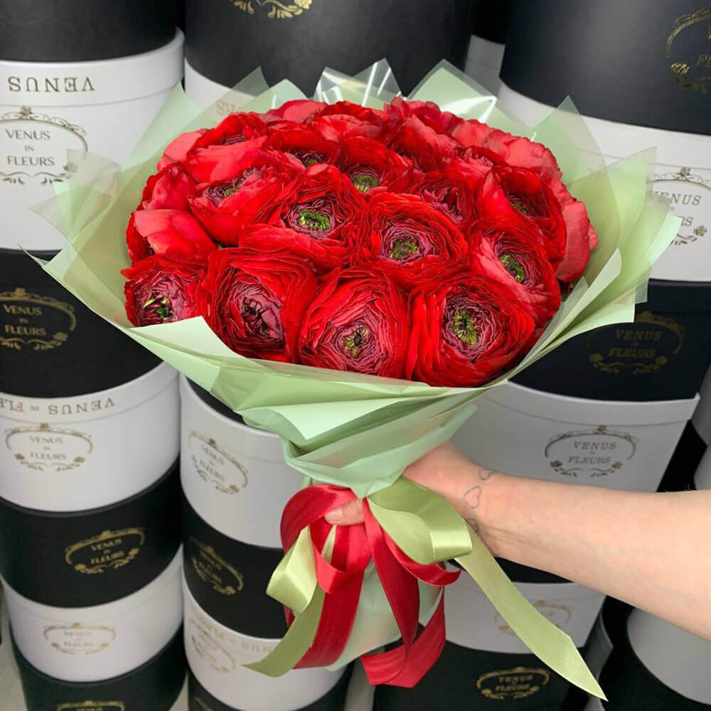 29 красных ранункулюсов