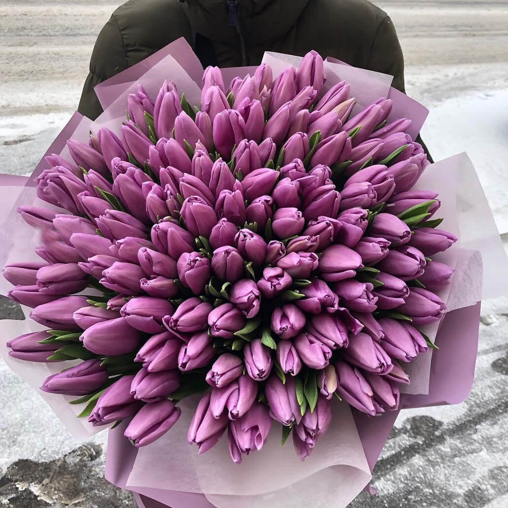 101 сиреневый тюльпан в букете