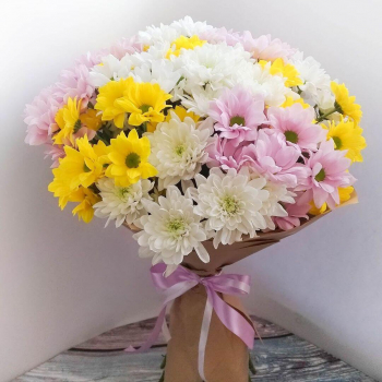 29 разноцветных хризантем в букете