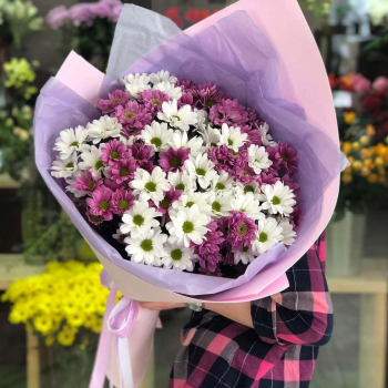 19 бело-фиолетовых хризантем в букете