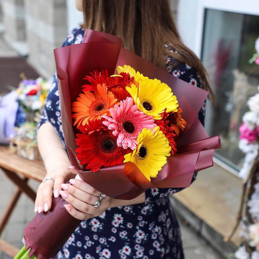 9 разноцветных гербер