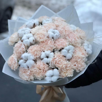 25 белых гвоздик с хлопком в букете