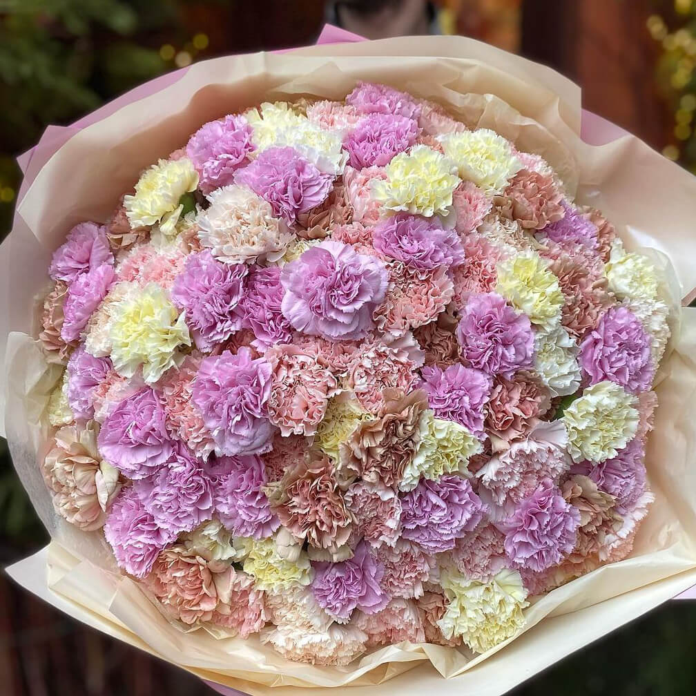 51 разноцветная гвоздика в букете