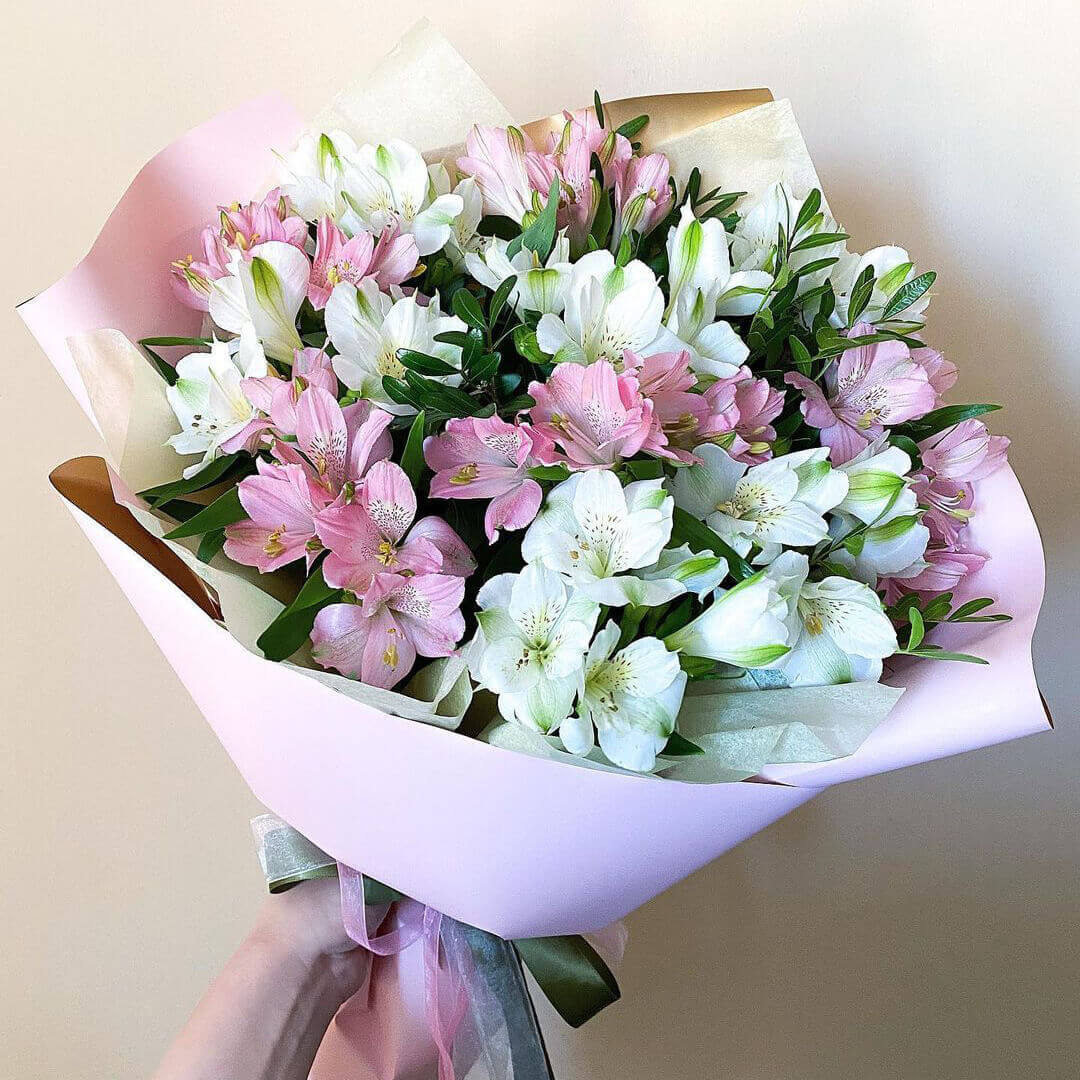 19 бело-розовых альстромерий