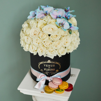 101 белая роза с орхидеями