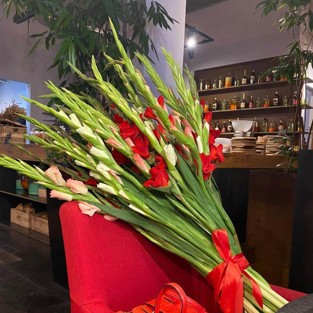 19 красно-белых гладиолусов в букете