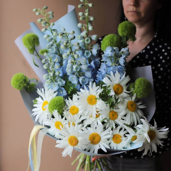 Букет из дельфиниума и ромашек - 29 шт.