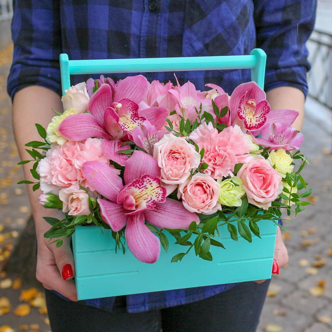 Орхидеи с гвоздиками в кашпо - 25 шт.