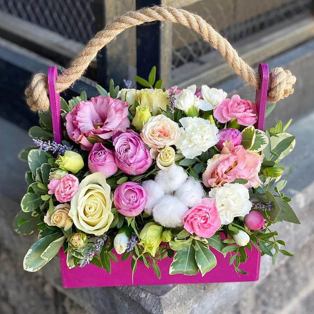 Гвоздики с хлопком в кашпо - 17 шт.