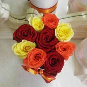 11 красно-желтых роз в коробке