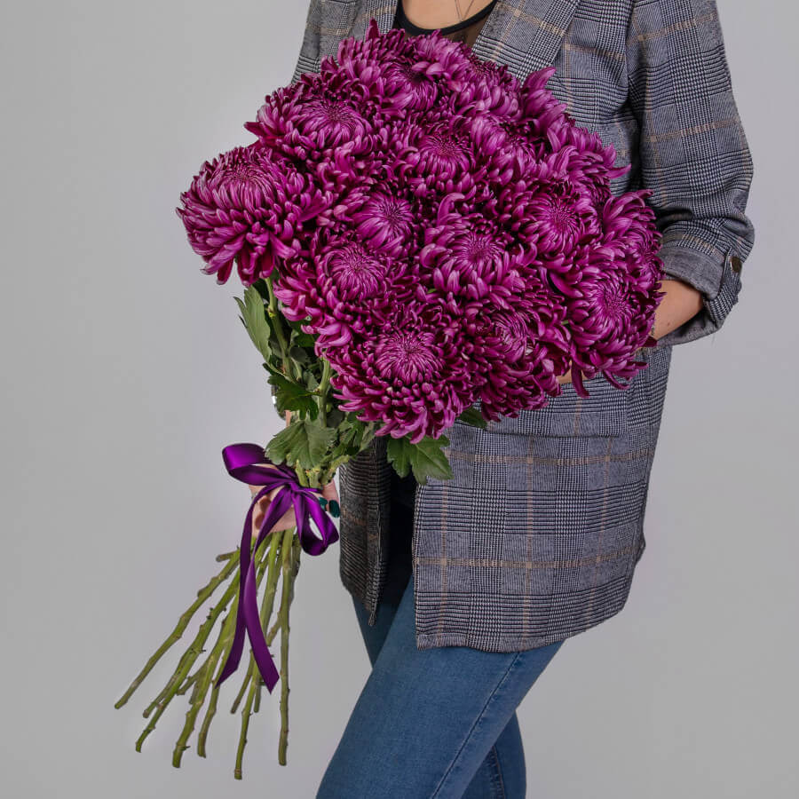 15 малиновых хризантем в букете