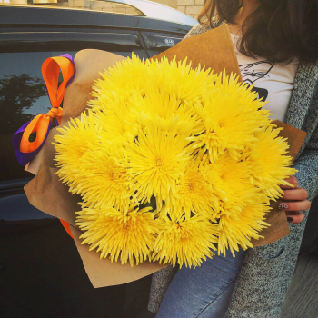 15 желтых игольчатых хризантем в букете