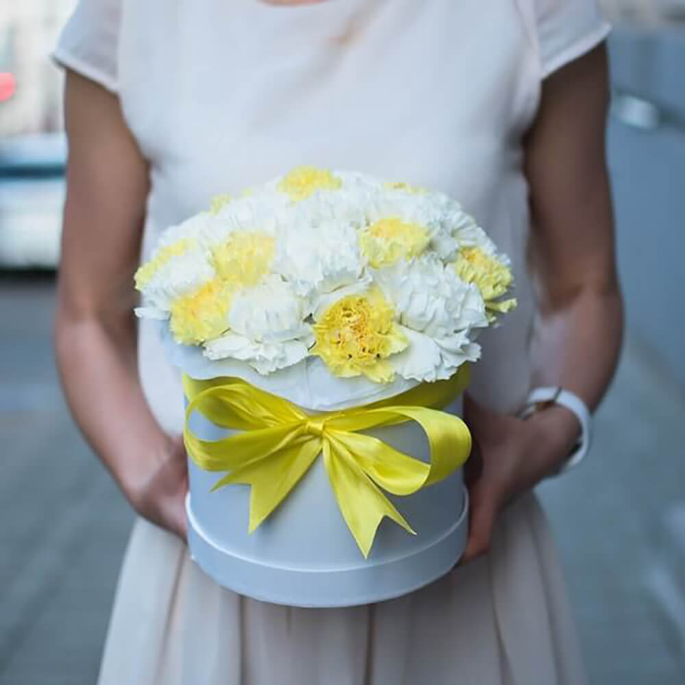 Бело-желтый микс из 25 гвоздик в коробке