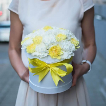 Бело-желтый микс из 25 гвоздик в коробке