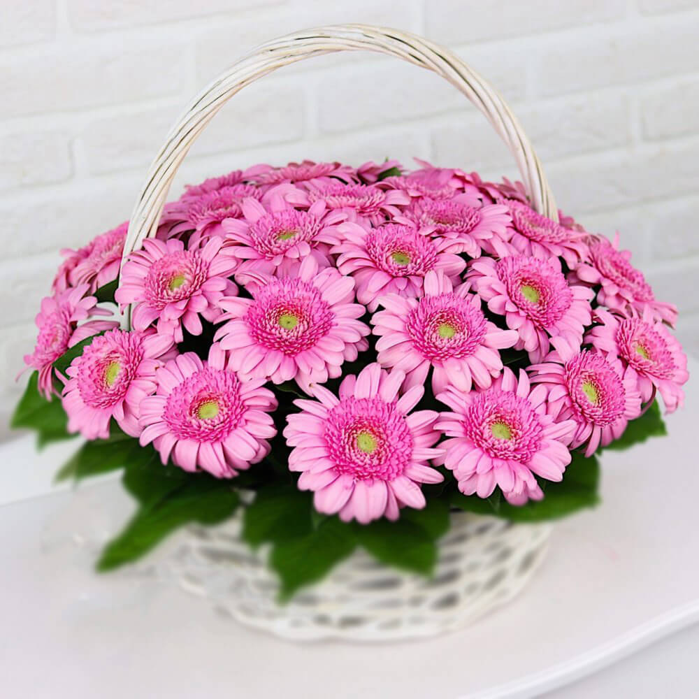 Розовые герберы в корзине - 41 шт.