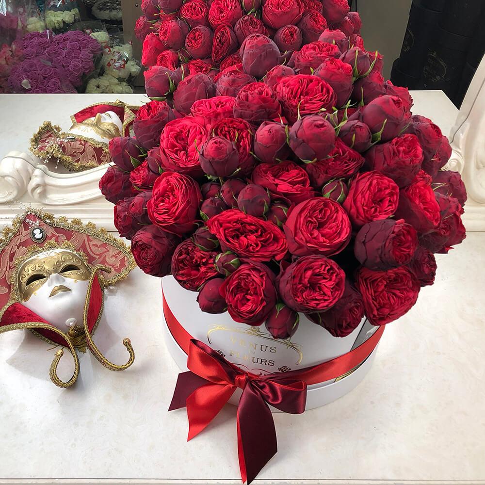 45 красных пионовидных роз в коробке