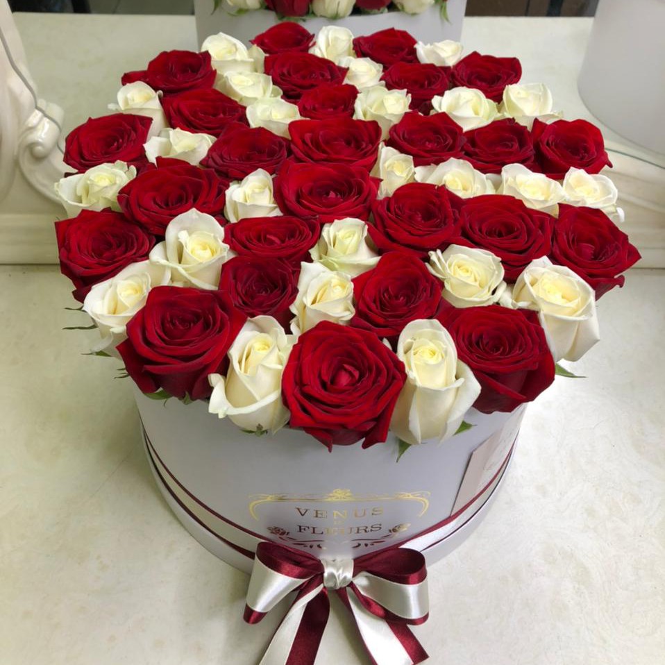 45 красно-белых роз в коробке