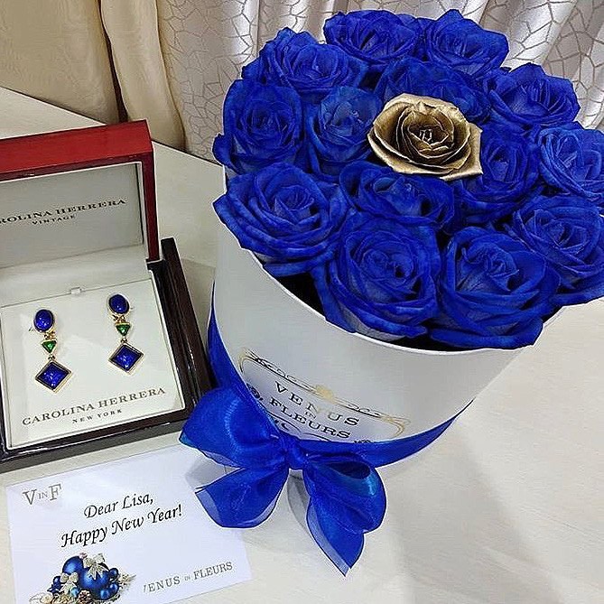 Синие розы в коробке - 21 шт.