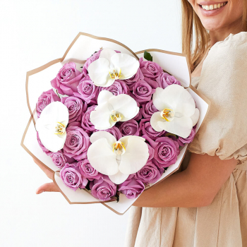 Фиолетовые розы с орхидеями - 29 шт.