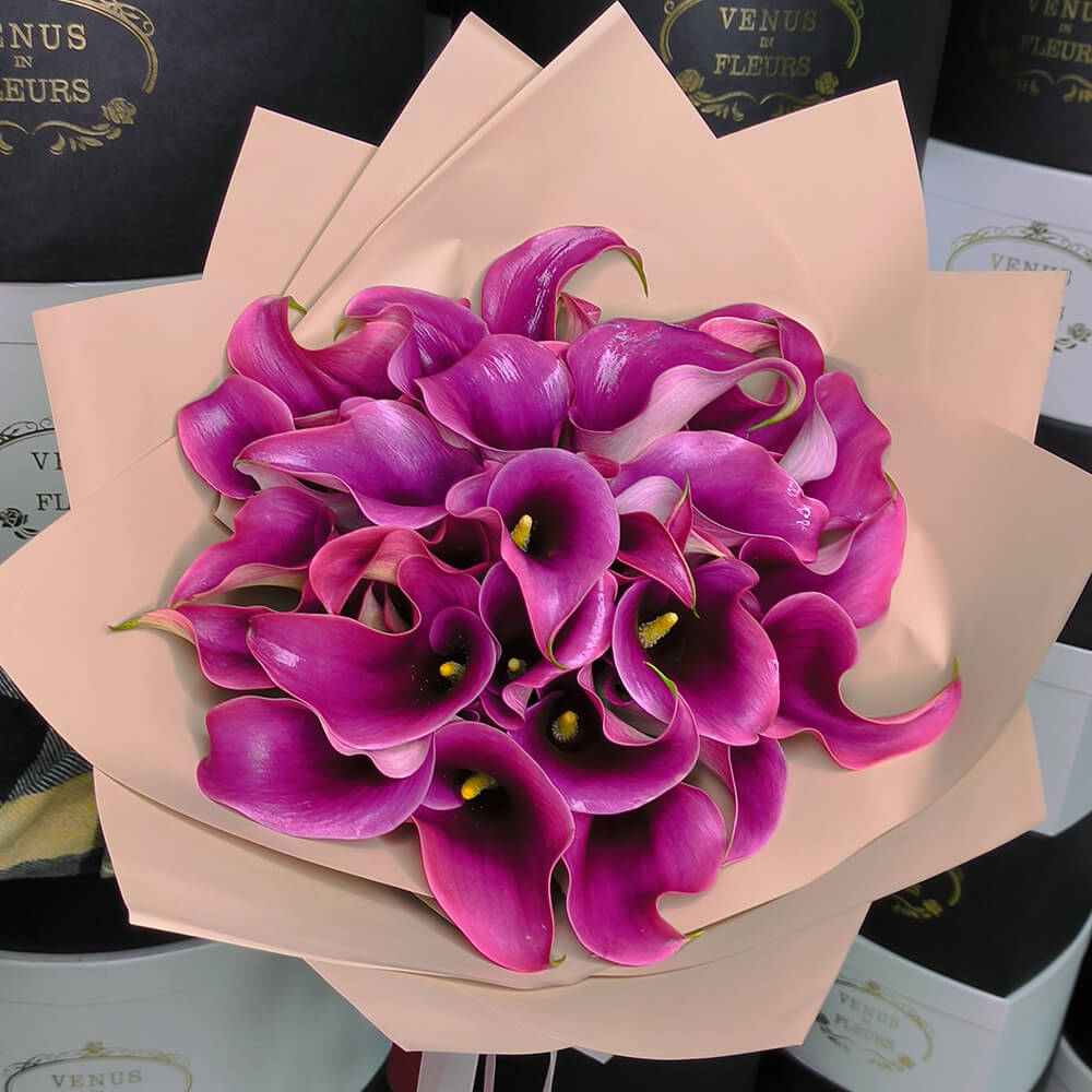 29 розово-фиолетовых калл в букете