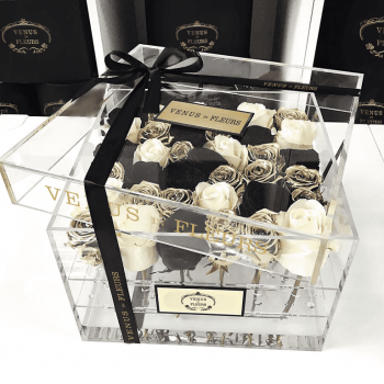 Черно-золотые розы в кубе - 25 шт.