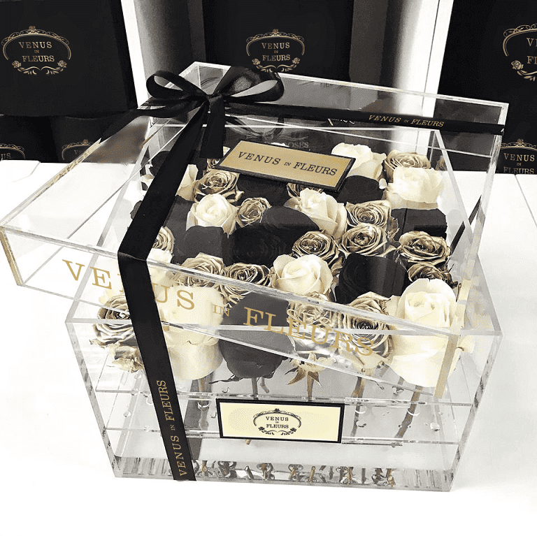 Черно-золотые розы в стеклянной коробке - 25 шт.