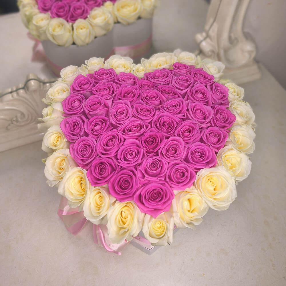 Розовые розы с белой окантовкой - 51 шт.