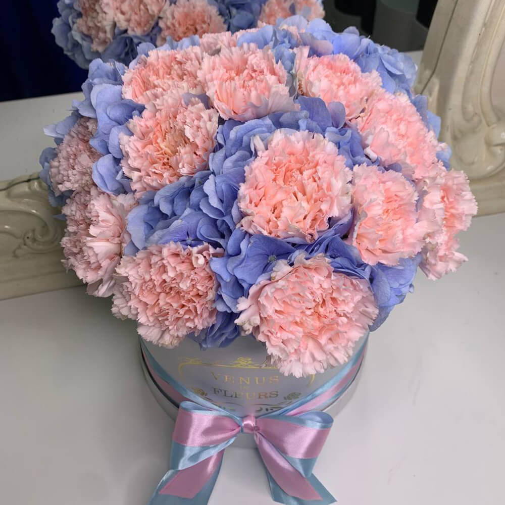 Гвоздики с гортензиями в коробке - 23 шт.