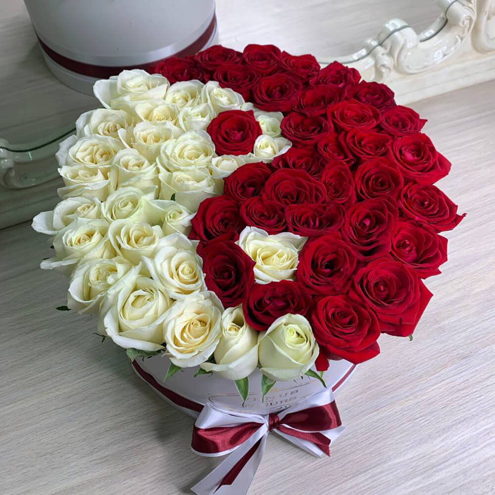 Красно-белые розы "Инь-Янь" - 55 шт