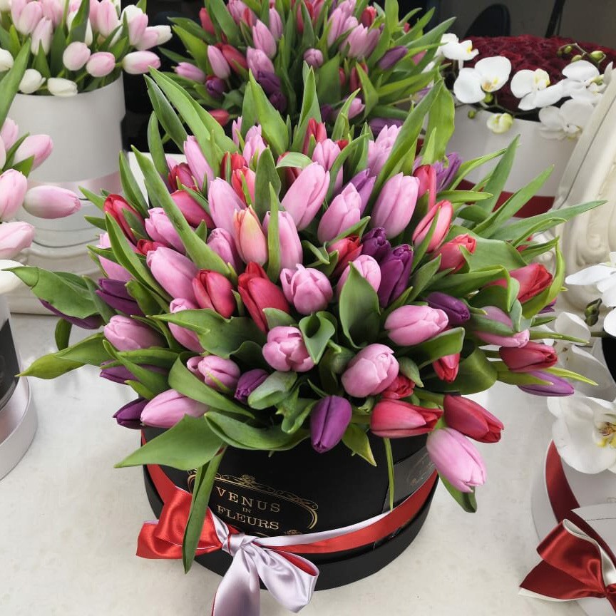 Розово-фиолетовые тюльпаны от 101 шт.