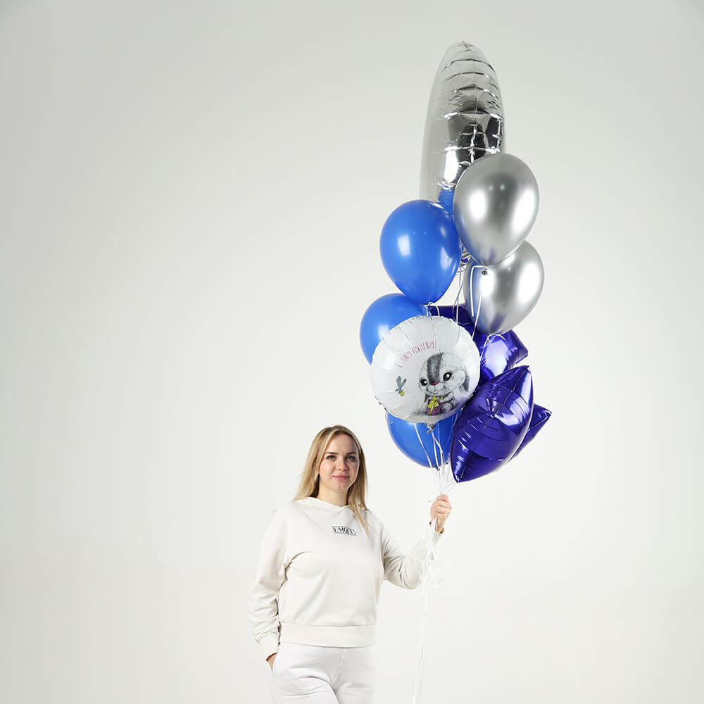 Облако сине-серебряных шаров с днем рождения - 9 шт.