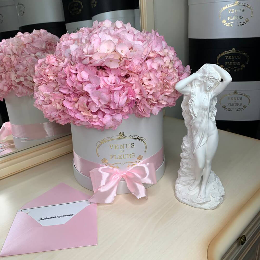 Розовые гортензии в коробке - 9 шт.