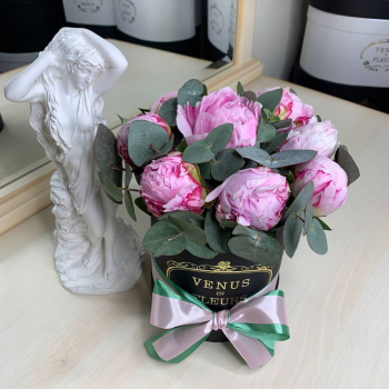 9 розовых пионов с эвкалиптом в коробке