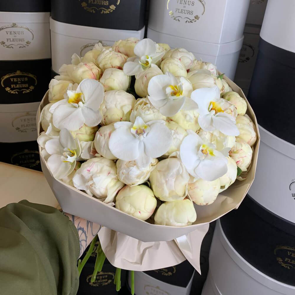 25 белых пионов с орхидеями в букете