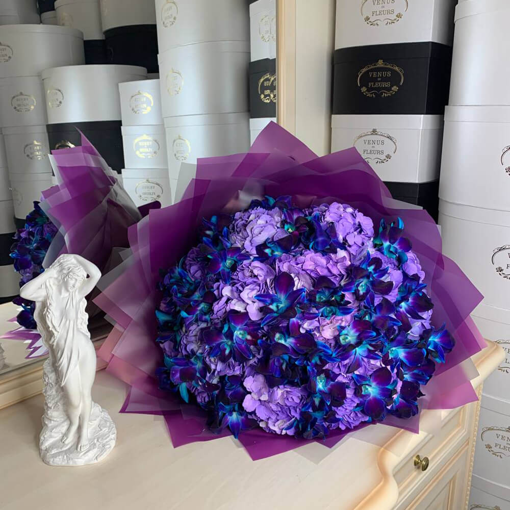 Синие гортензии с орхидеями - 45 шт.