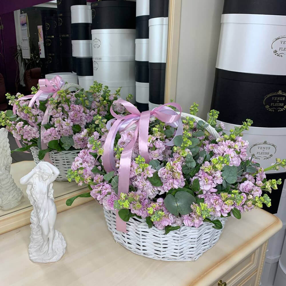 Розовые маттиолы в корзине - 51 шт.